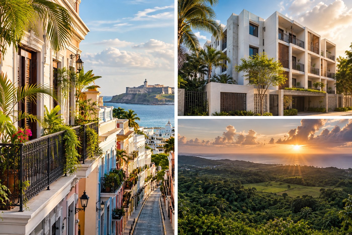 Historic colonial street in San Juan with the ocean beyond, a modern white residential building, and a tropical valley at sunset in Puerto Rico