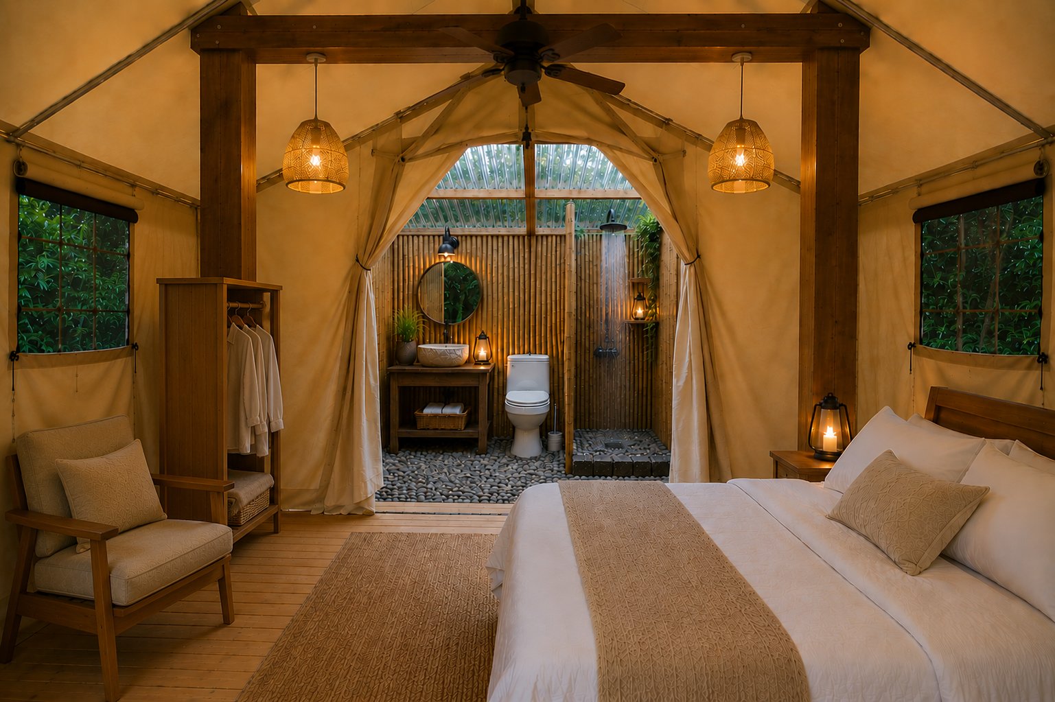 Interior of a Bamboo Nest glamping tent in Canóvanas, Puerto Rico